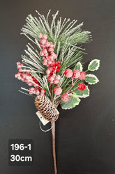 Crenguță artificială de Crăciun cu bobițe roșii și con nins, 30 cm, set 10 bucăți